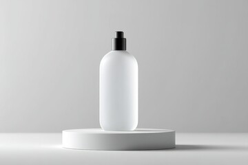 Poster - Simple white bottle on a round pedestal against a plain background showcasing minimalist design