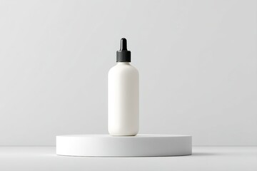 Poster - Elegant white bottle on simple pedestal against minimalistic background in a bright indoor setting