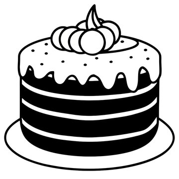 Black and White Illustration of a Decorative Layered Cake with Frosting
