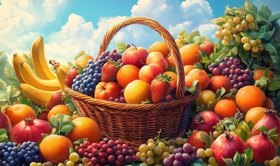 Poster - Vibrant fruit basket overflowing with fresh fruits including oranges, grapes, and strawberries