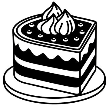 Black and White Illustration of a Decorative Layered Cake with Frosting