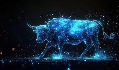 Poster - Digital bull silhouette with glowing blue lines and particles representing technology and finance