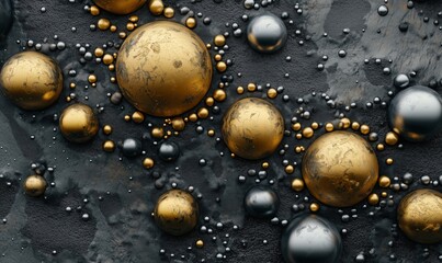 Poster - Abstract metallic spheres in gold and silver on textured dark background