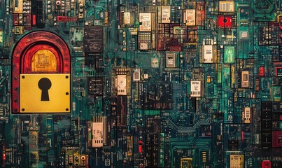 Poster - Digital security lock on circuit board background representing cybersecurity and technology