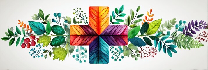 Aufkleber - Colorful Leaves and Healing Herbs Form a Vibrant Medical Cross Design Representing Wellness and Nature