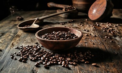Poster - Coffee beans in wooden bowl on rustic table with scattered beans and tools