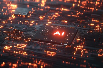 Poster - Illuminated AI Chip on Circuit Board with Warm Orange Lighting
