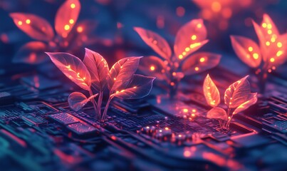 Poster - Futuristic fusion of technology and nature with glowing plants on circuit board