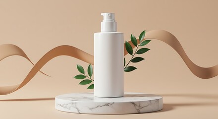 Poster - Dispenser Bottle Mockup with Leaves and Ribbon on Marble Stand