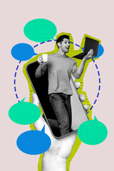 Poster - Sketch art 3d creative image collage of happy girl guy hold laptop message bubble communication chatterbox speech sending sms