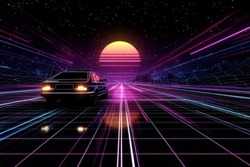 Poster - Retro 80s Synthwave Car Speeds Across a Vibrant Neon Grid Under a Starry Sky With a Rising Sun