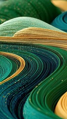 Poster - Flowing golden and teal textures arranged in undulating wave patterns resembling luxury embroidery or topographic fabric landscapes