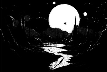 Poster - Alien planet landscape in retro dotwork style. Planets and satellites over unknown planet in space. Sci-fi world landscape beyond our galaxy.