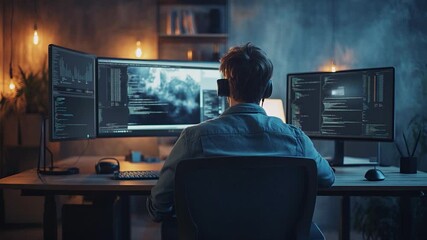 Young programmer working late at night with multiple monitors in a cozy office