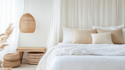Poster - bright and airy bedroom with natural decor and minimalist design for a serene atmosphere