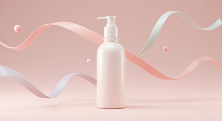 Poster - Dispenser Bottle Mockup with Pastel Ribbons on Pink Background