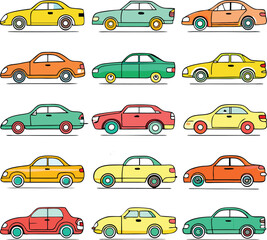 Poster - A vector set presents a colorful automobile collection with car icons and transport silhouettes for graphic design