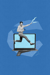 Aufkleber - Poster banner collage of person stand big netbook run use phone screen on blue color background