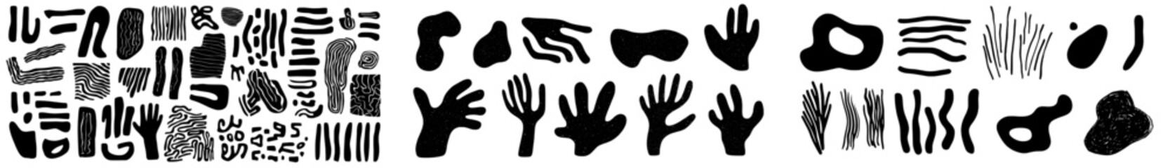 Poster - Unique black and white vector icons with abstract shapes showcasing hand gestures and organic patterns