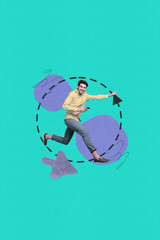 Poster - Trend banner collage of person use gadget in lines circle figure with cursor on teal color background