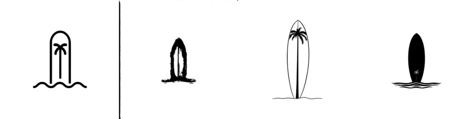 Poster - Black surfboard illustration with hand drawn lines on a transparent background