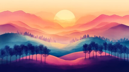 Wall Mural - Sunset over rolling hills.