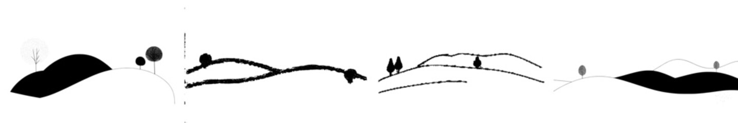 Poster - A single continuous line art piece depicting a serene valley landscape, set amidst an outdoors garden with a modern illustration of a sketch outline drawing