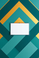 Aufkleber - Blank badge with clear frame on green and gold geometric shape background. Empty name tag on colored pattern. Clean card floats over modern texture.