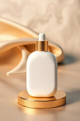 Aufkleber - White bottle stands on gold base. Cream color drapes softly behind. Simple product shot for beauty concept. Modern minimalist aesthetic. 