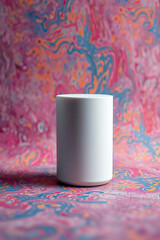 Aufkleber - White cylinder stands on surface. Bright pink blue orange colors in flowing pattern behind object. Simple shape rests on colorful background. Solid container in studio light. Still life image.