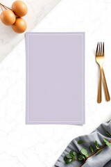 Poster - Breakfast food background. Top view flat lay. Empty space. Paper blank, eggs, cloth, marble table. Kitchen design. Fresh ingredients.