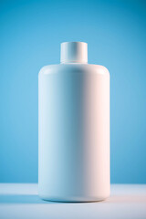 Aufkleber - White bottle stands. Plain container displays. Smooth plastic bottle presents. Minimalist design shows. Clean bottle with light. Simple bottle on a table. Container for liquid product.