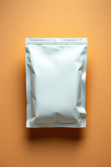Poster - White blank pouch bag. Simple flat lay of sealed package on orange surface. Ready for food or product content. Studio shot of closed container for branding mock up.