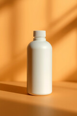 Aufkleber - white bottle stands on orange surface. simple container is empty. background has soft shadow pattern