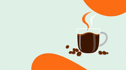 Poster - Hot coffee in clear glass mug with steam rising. Some coffee beans surround the mug. Orange color accents on light background in simple and clean flat style illustration.