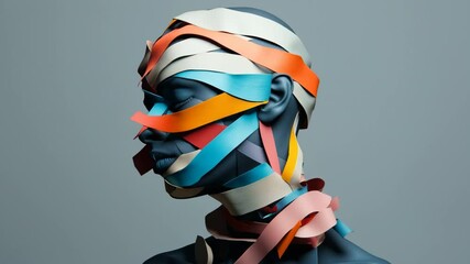 Poster - Creative artistic representation of a woman's face constructed from colorful strips of paper displaying vibrant creativity and artistic expression