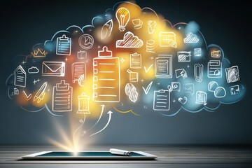Poster - Checklist of Healthy Goals Surrounded by Glowing Icons on a Tablet With a Dreamy Fog in a Creative Workspace