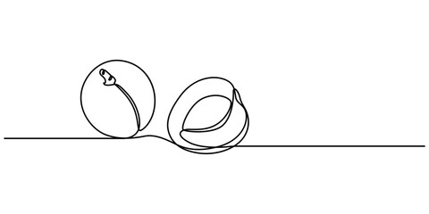 Aufkleber - apricot halves continuous one line drawing, drawn by a solid dark line an apricot and a half of an apricot on a background of abstract orange and brown spots on a white background, Apricot pro vector.