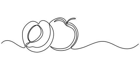 Aufkleber - apricot halves continuous one line drawing, drawn by a solid dark line an apricot and a half of an apricot on a background of abstract orange and brown spots on a white background, Apricot pro vector.