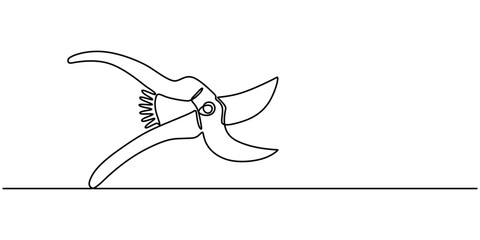 Aufkleber - Continuous one line drawing of secateurs plant equipment. Plant scissors  in single line draw illustration. Editable stroke, Gardening scissors vector hand drawn silhouette clipart. Sketch isolated on
