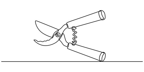 Aufkleber - Continuous one line drawing of secateurs plant equipment. Plant scissors  in single line draw illustration. Editable stroke, Gardening scissors vector hand drawn silhouette clipart. Sketch isolated on