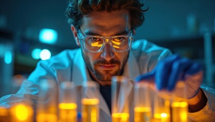 Poster - Scientist conducts experiments with glowing test tubes in laboratory. Researcher explores liquid analysis, innovative tech, during night. Science, technology, chemistry concepts.