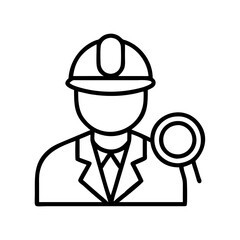 Poster - Engineer inspector construction worker with magnifying glass line art vector design icon symbol outline drawing