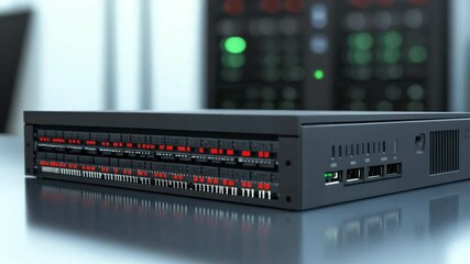 Poster - Server Hardware: A sleek, modern server unit sits in a data center, its array of ports and lights hinting at the vast digital networks it supports.