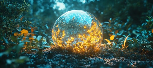 Poster - A futuristic biosphere floating in space, covered in glowing holographic vegetation 