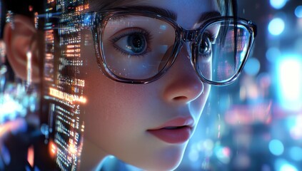 Poster - Woman with glasses looks at futuristic digital interface in a blue lit environment.