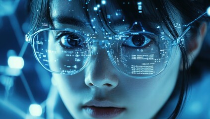 Poster - Person wearing glasses with digital display overlayed in a futuristic setting.
