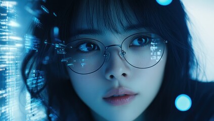 Poster - Woman with glasses in a futuristic digital environment with blue light effects.