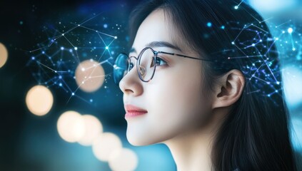 Poster - Woman with glasses looking at network of connected dots in blurred background.