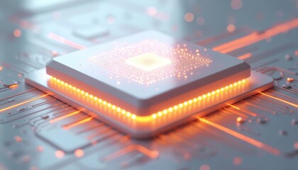 Fototapete - Close-up 3D render of eSIM chip. White metallic surface with glowing orange data lines. Minimalistic tech design. Electronic device, wireless tech, mobile network, modern data transfer.
